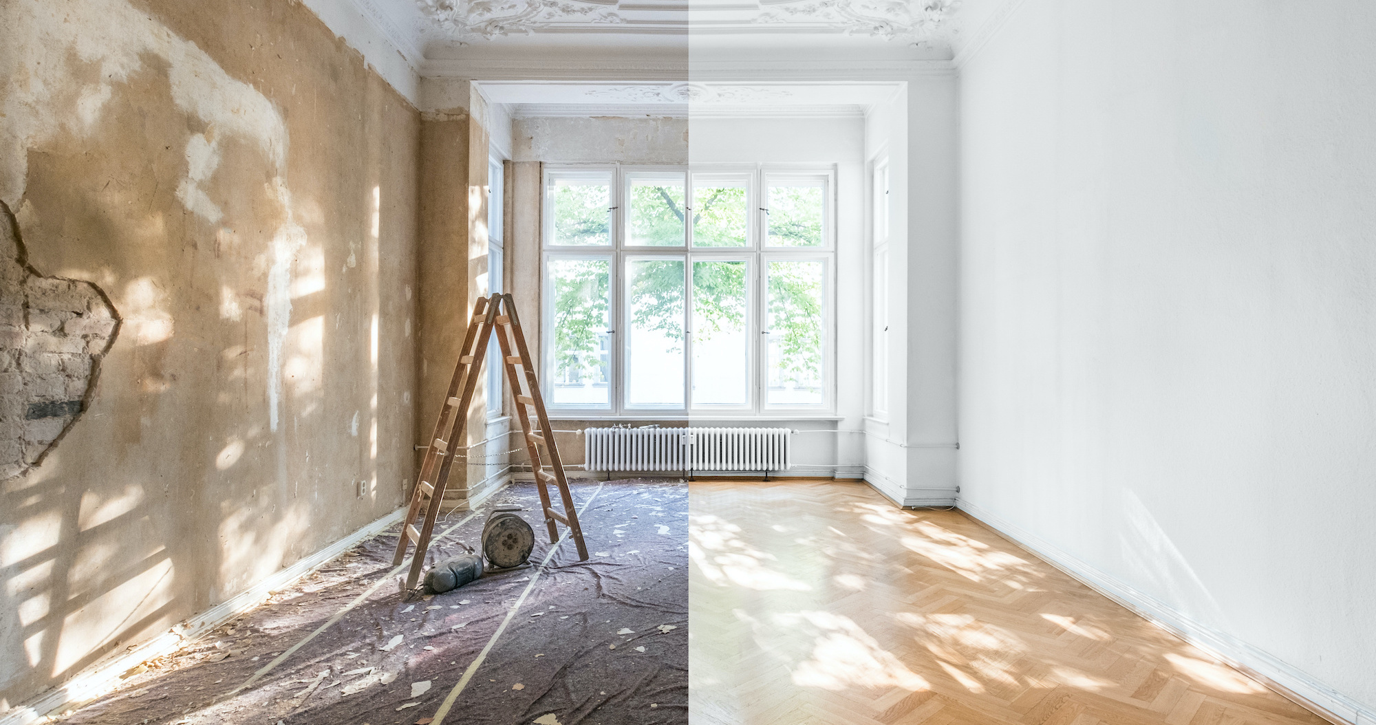 apartment renovation - empty room before and after  refurbishment  or restoration -